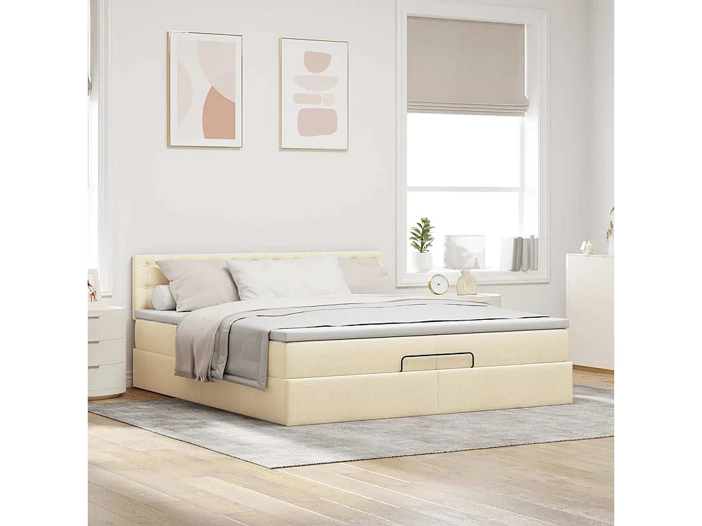 Cadre de lit ottoman avec matelas crème 200x200cm tissu