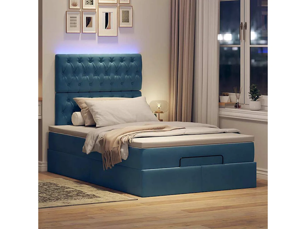 Cadre de lit ottoman avec matelas bleu foncé 120x200 cm velours