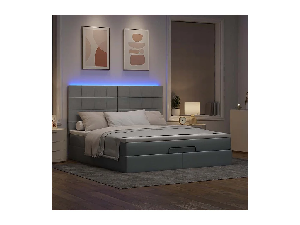 Cadre de lit ottoman et matelas gris clair 160x200cm tissu