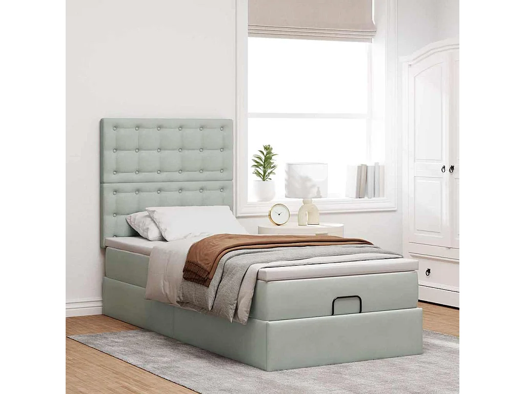 Cadre de lit ottoman et matelas gris clair 100x200 cm velours
