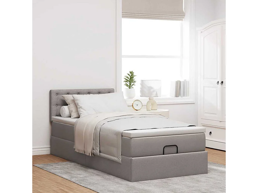 Cadre de lit ottoman avec matelas taupe 90x200 cm tissu