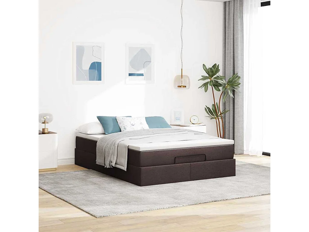 Cadre de lit ottoman avec matelas marron foncé 140x200 cm tissu