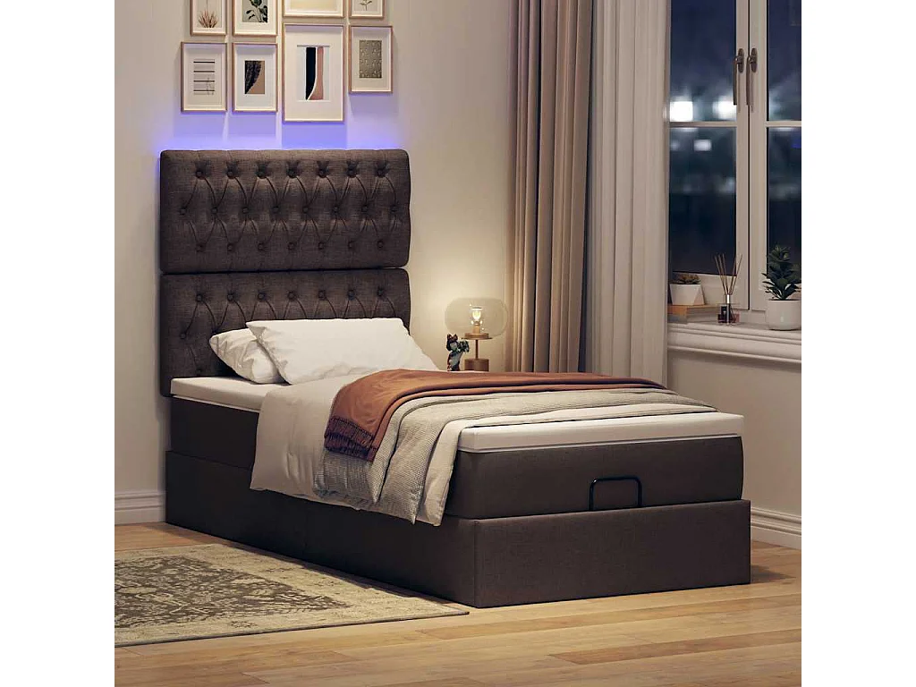 Bed poef met matras en LED's 90x200 cm stof donkerbruin