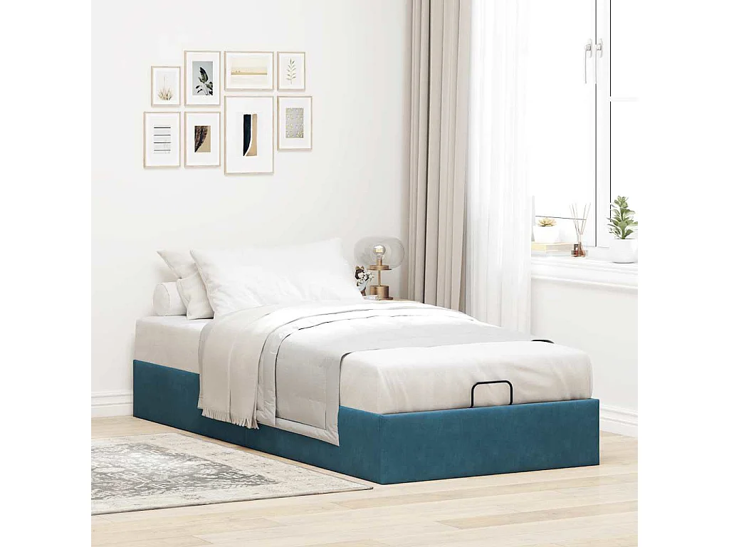 Otomano Bed Frame No Colchão Azul Escuro 80x200 cm Veludo