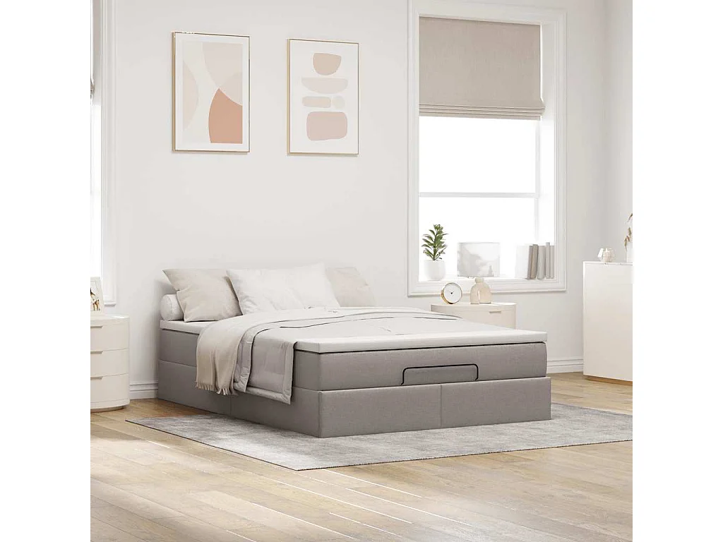 Cadre de lit ottoman avec matelas taupe 140x200 cm tissu
