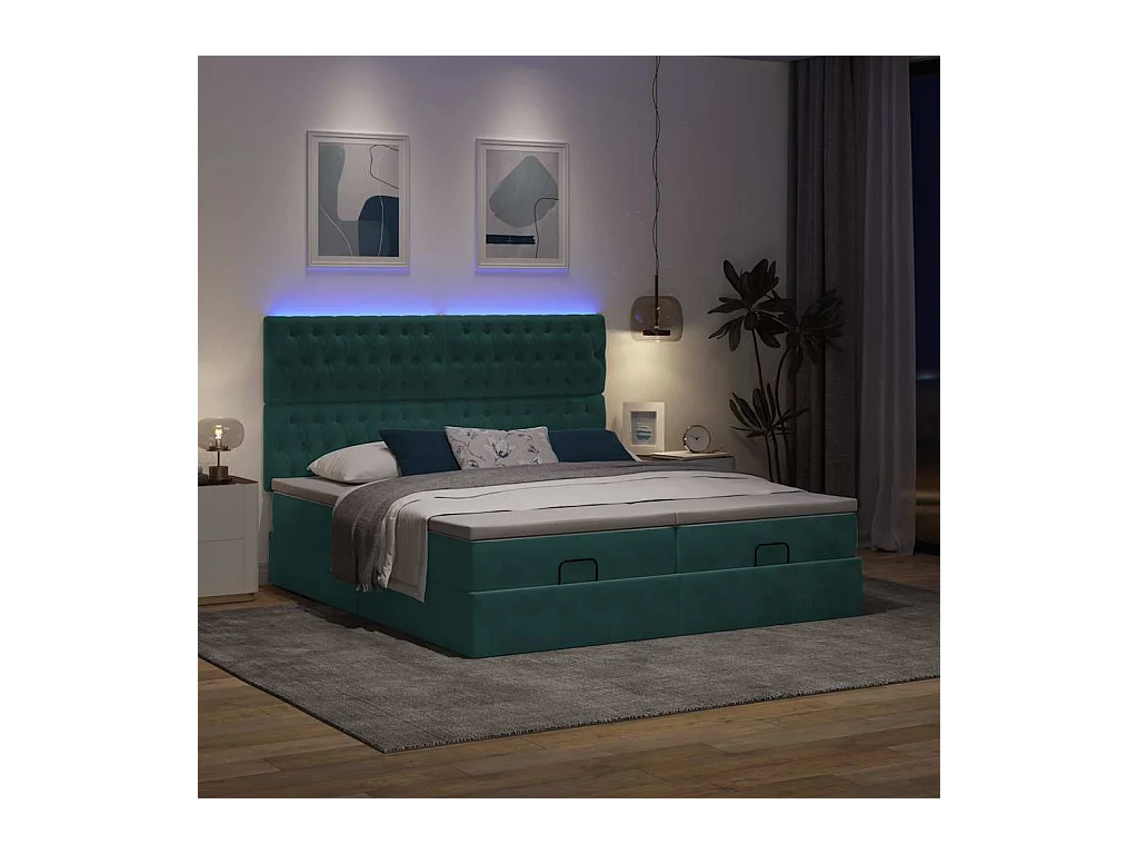 Cadre de lit ottoman avec matelas vert foncé 160x200 cm velours