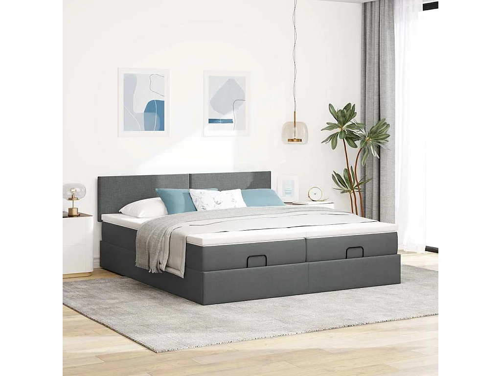 Cadre de lit ottoman avec matelas gris foncé 200x200cm tissu