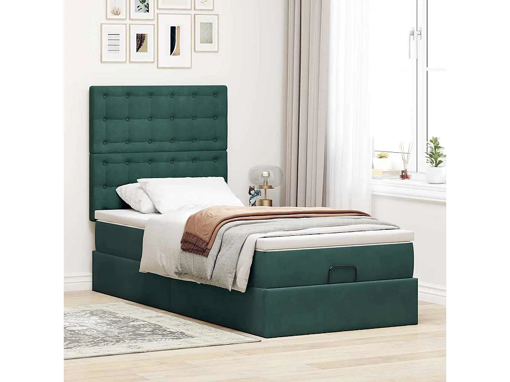 Estrutura de cama otomana colchões 90x200cm veludo verde escuro