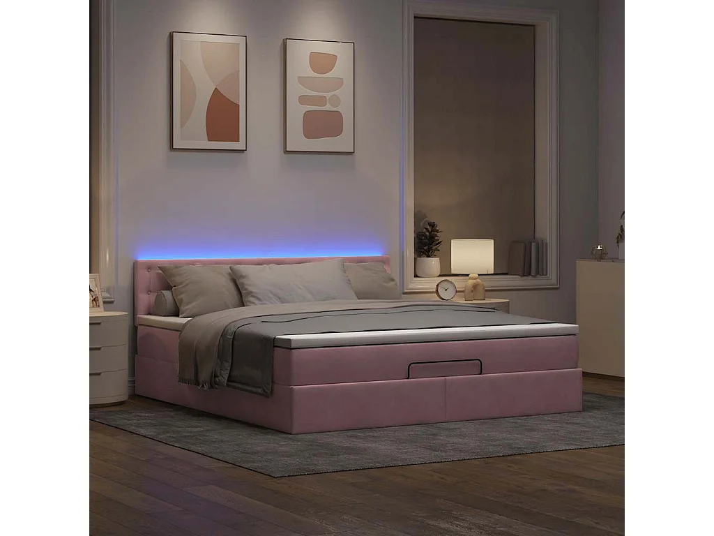 Estructura cama otomana con colchón terciopelo rosa 180x200 cm