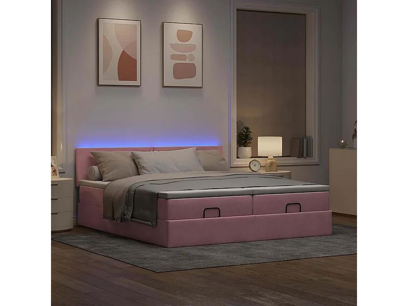 Cadre de lit ottoman avec matelas rose 160x200 cm velours