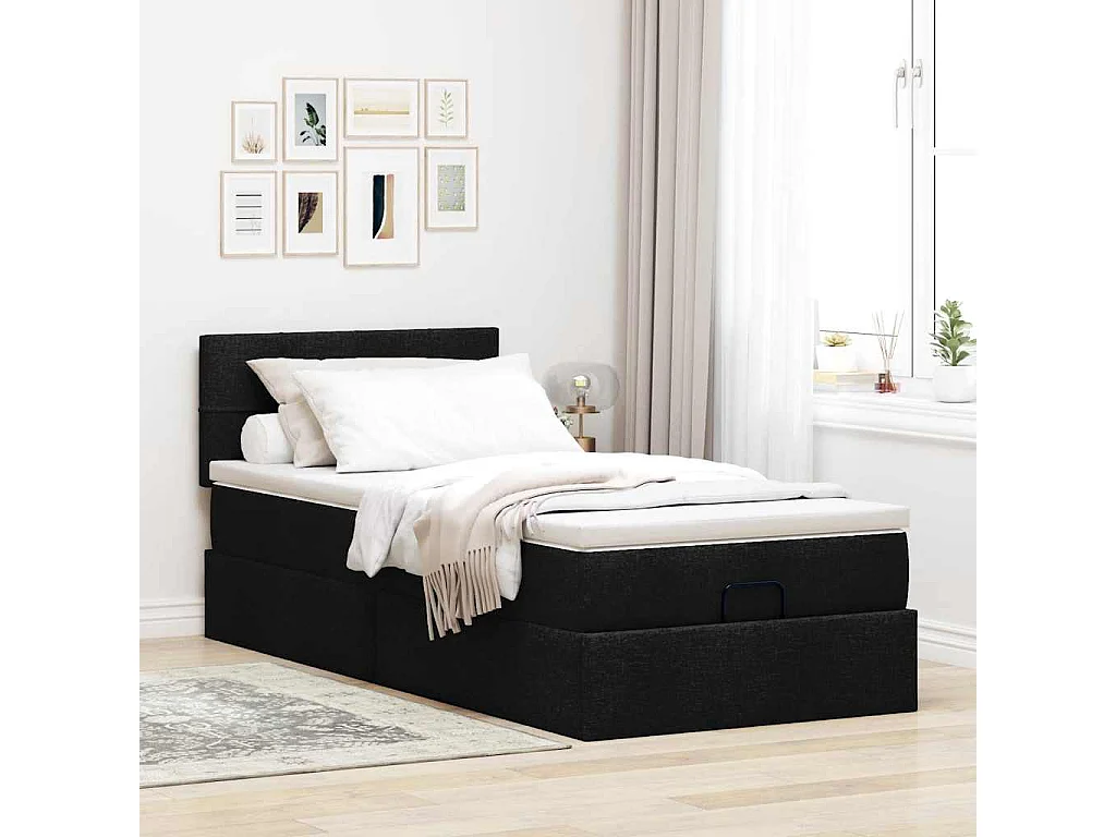 Cadre de lit ottoman avec matelas noir 90x200 cm tissu
