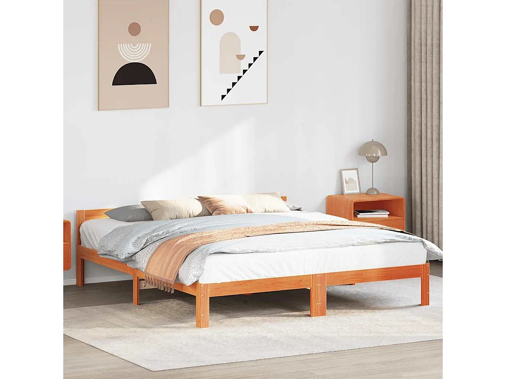 Cama sin colchón madera maciza de pino marrón cera 160x200 cm