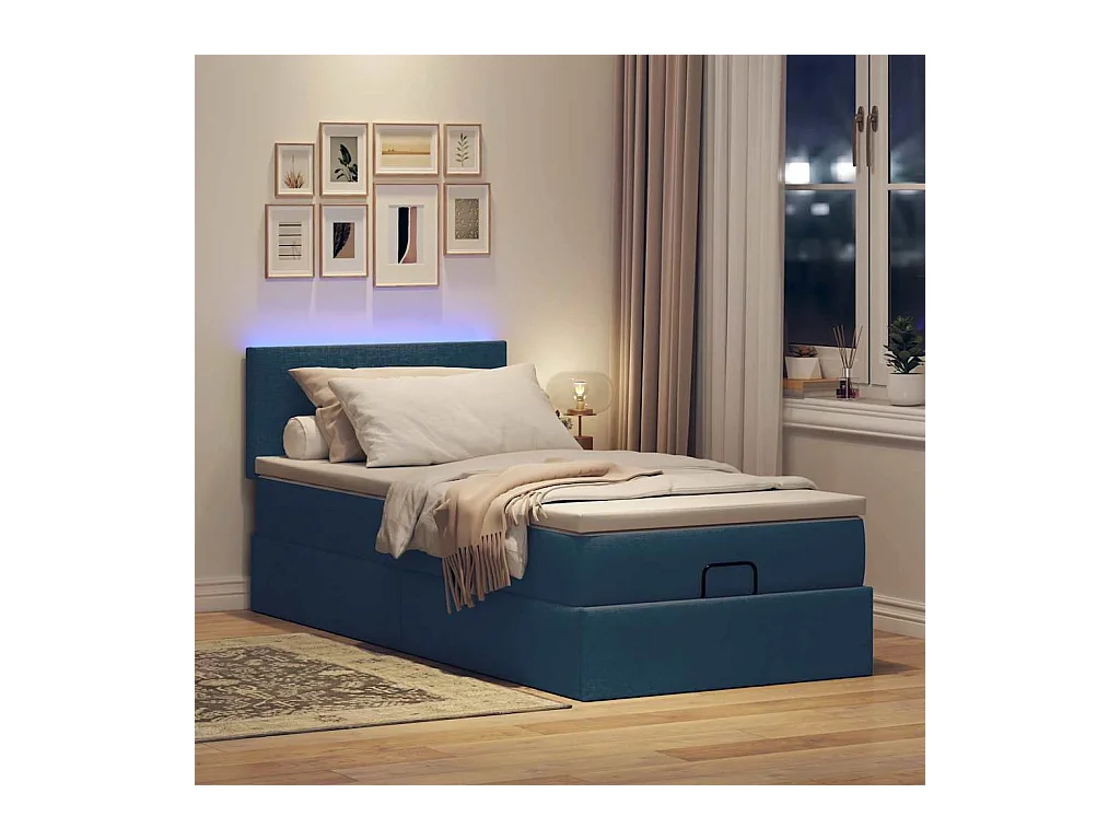 Estructura de cama otomana con colchón tela azul 90x190 cm