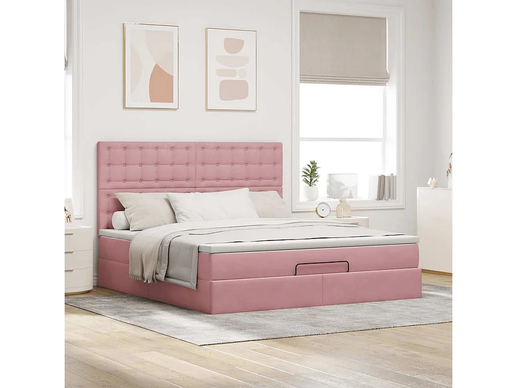 Estructura de cama otomana colchones terciopelo rosa 180x200cm