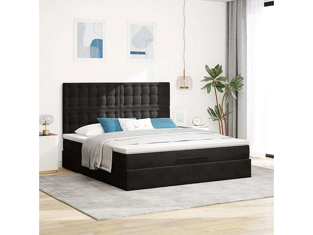 Cadre de lit ottoman avec matelas noir 180x200cm velours