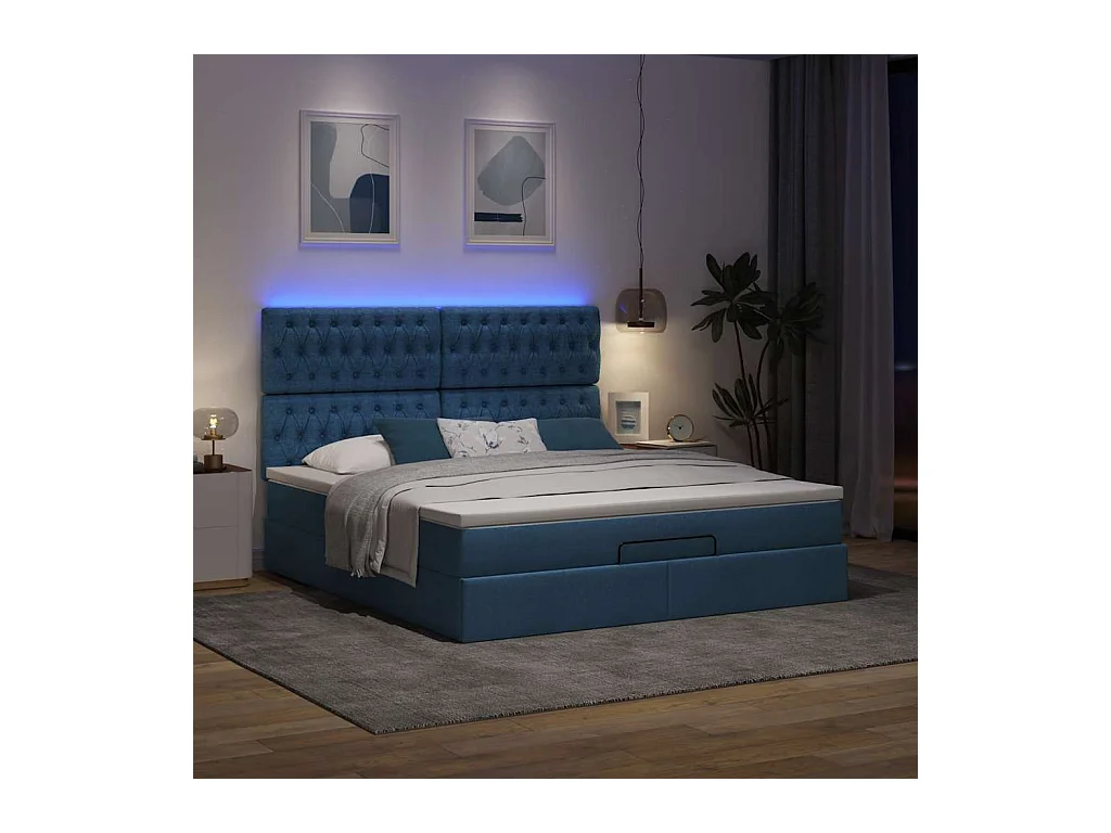 Cadre de lit ottoman avec matelas bleu 180x200 cm tissu
