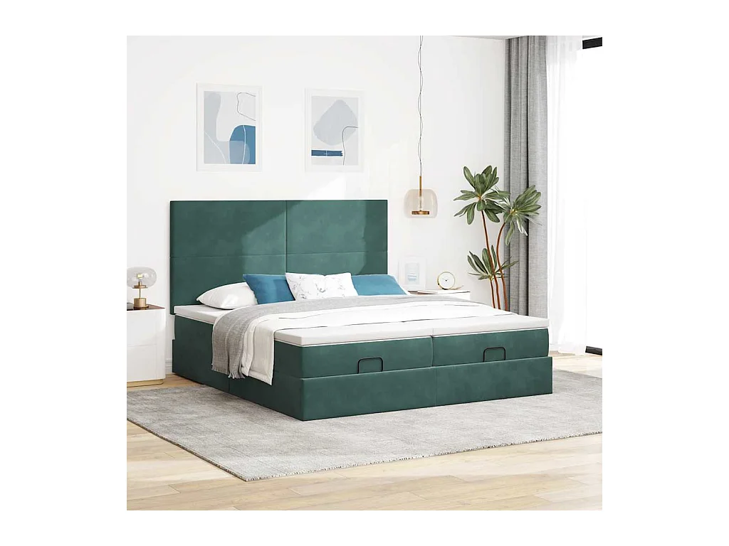 Cadre de lit ottoman avec matelas vert foncé 160x200 cm velours
