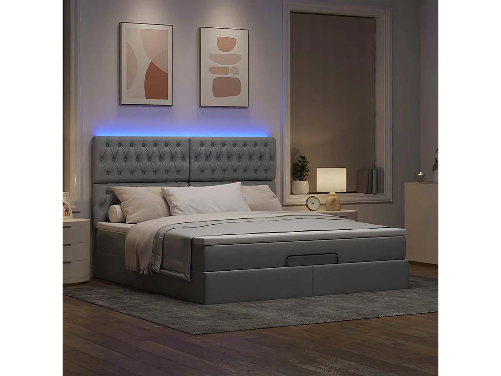 Ottoman bed met matras en LED's 160x200cm stof lichtgrijs