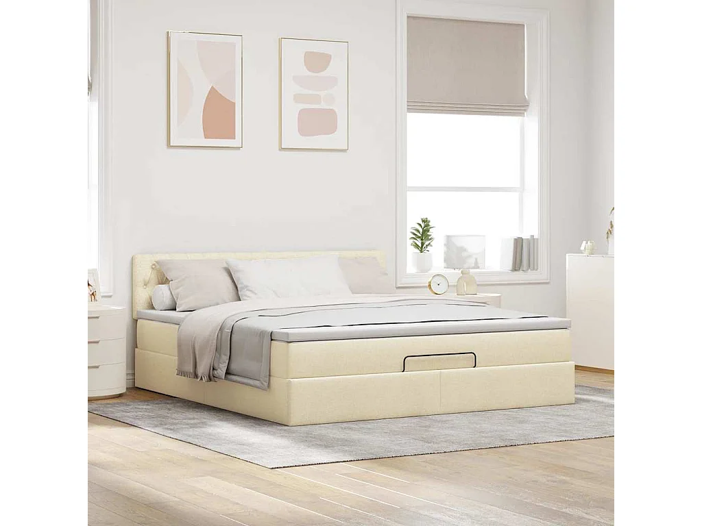 Estructura de cama otomana con colchón tela crema 160x200cm