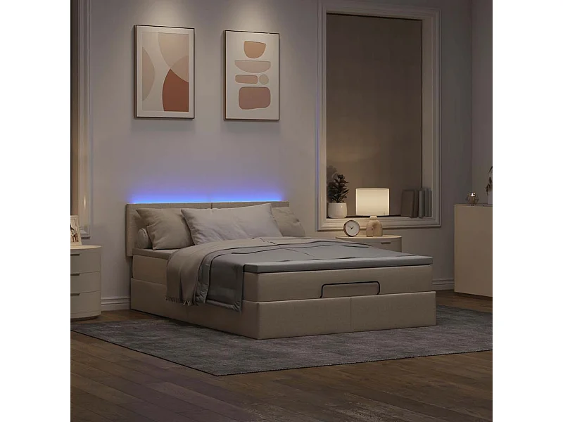 Bed poef met matras en LED's 140x200 cm stof crèmekleurig