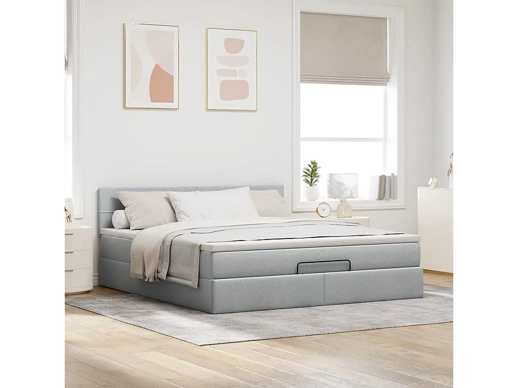 Cadre de lit ottoman et matelas gris clair 180x200 cm tissu