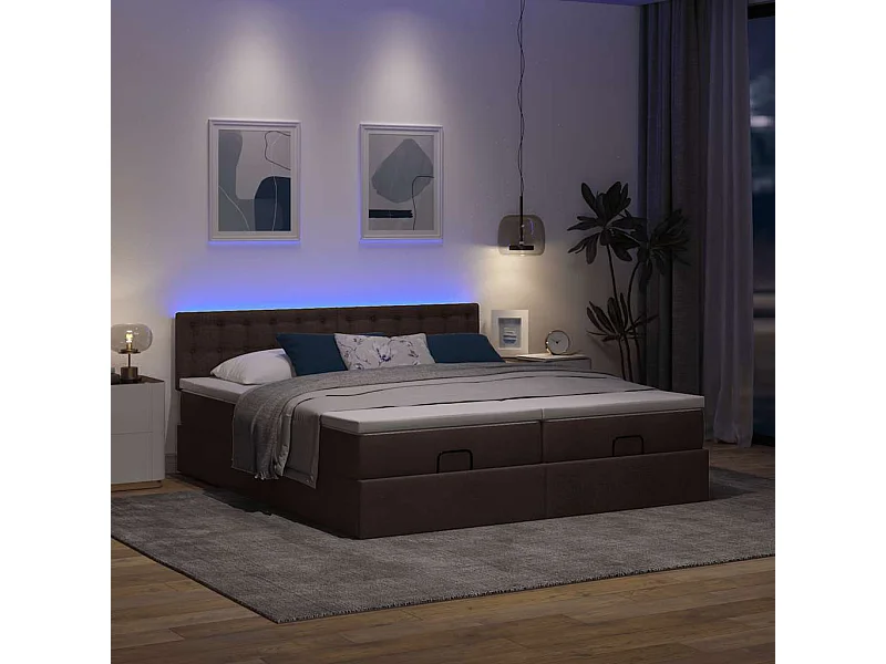 Estrutura de cama otomana com colchões tecido castanho escuro