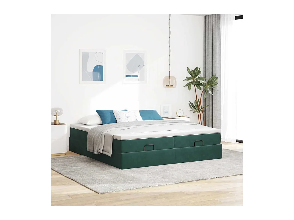 Cadre de lit ottoman avec matelas vert foncé 160x200 cm velours