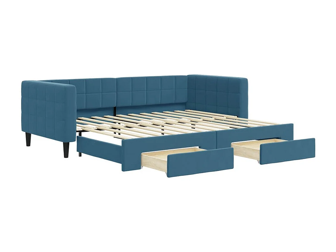 Slaapbank met onderschuifbed en lades 90x200 cm fluweel blauw