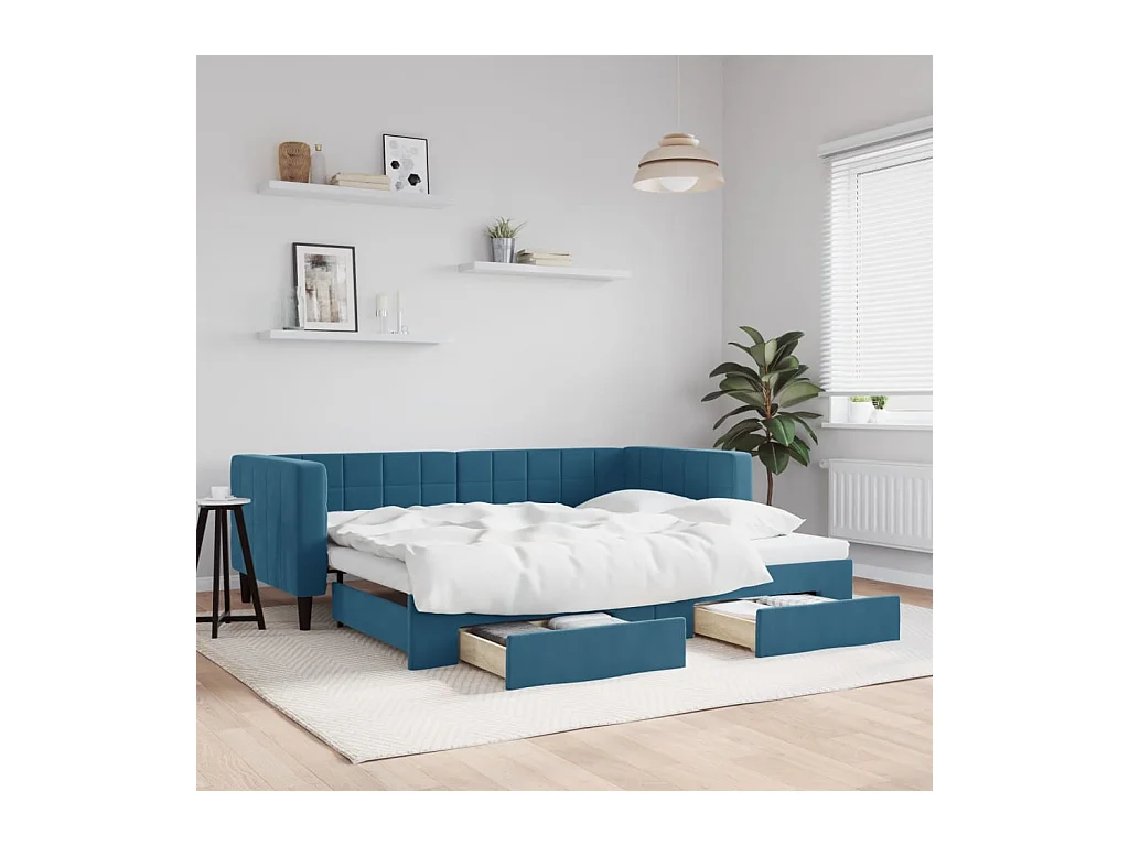 Lit de jour avec gigogne et tiroirs bleu 90x200 cm velours