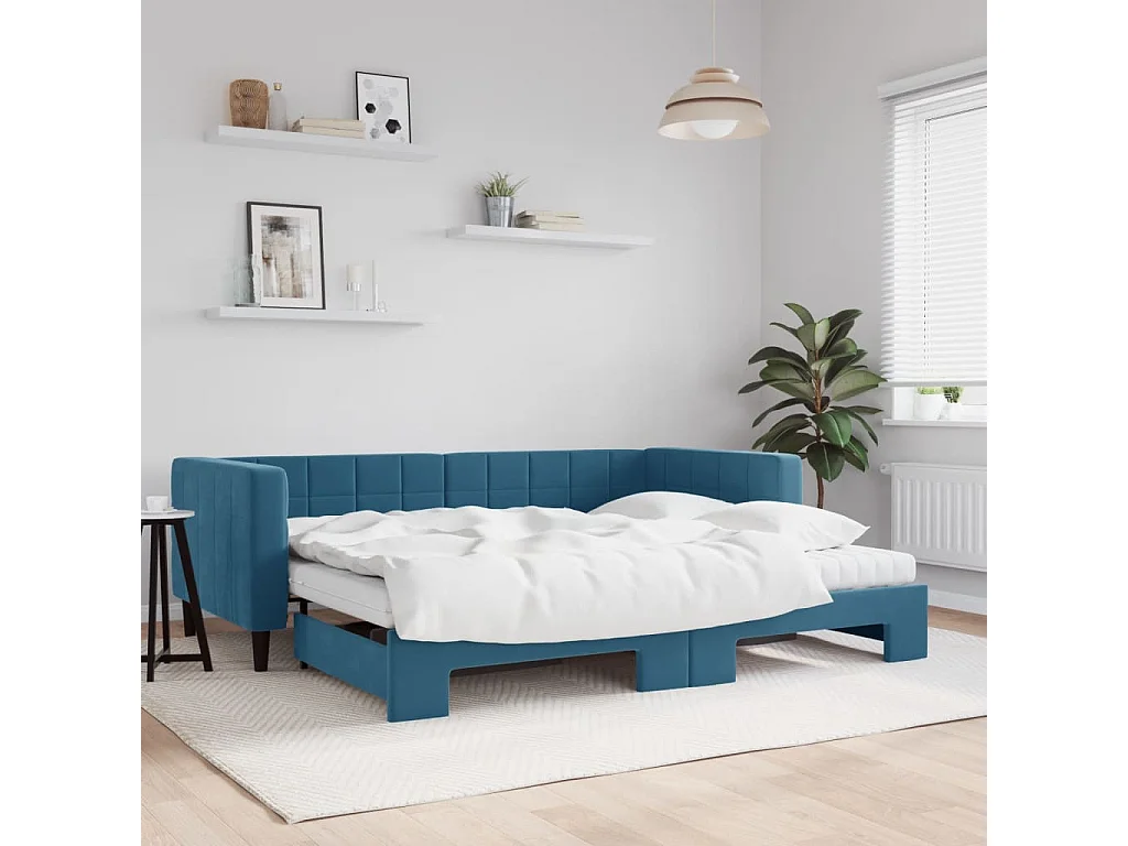 Slaapbank onderschuifbed en matrassen 90x200 cm fluweel blauw