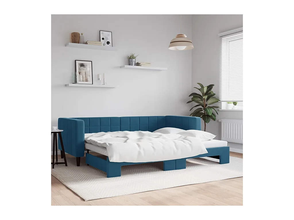 Lit de jour avec lit gigogne bleu 90x200 cm velours