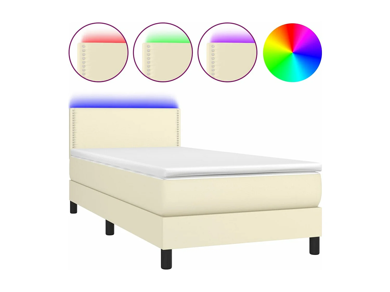 Cama box spring com colchão e LED 90x200 cm couro artificial creme