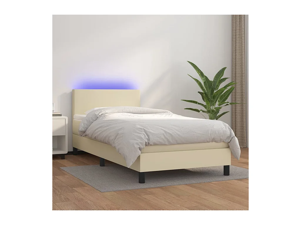 Cama box spring colchón y LED cuero sintético crema 100x200 cm