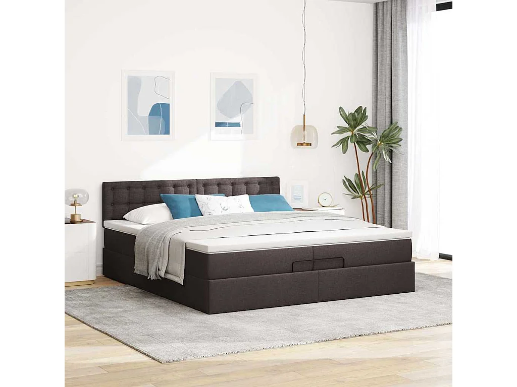 Cadre de lit ottoman avec matelas marron foncé 200x200 cm tissu