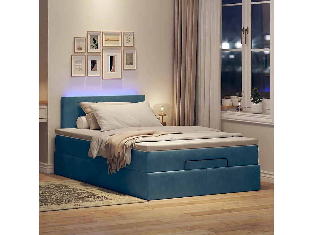 Cadre de lit ottoman avec matelas bleu foncé 120x200 cm velours