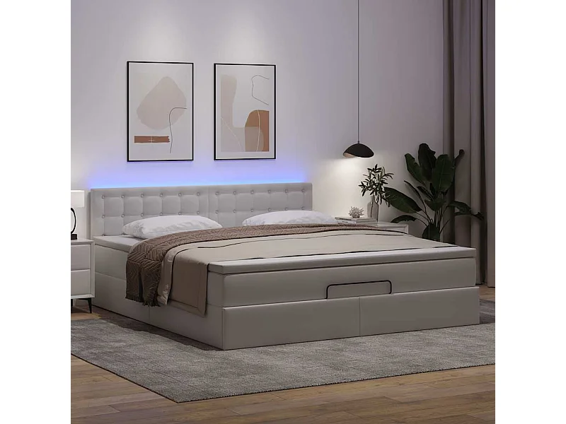 Bed poef met matrassen en LED's 160x200cm kunstleer zuiver wit