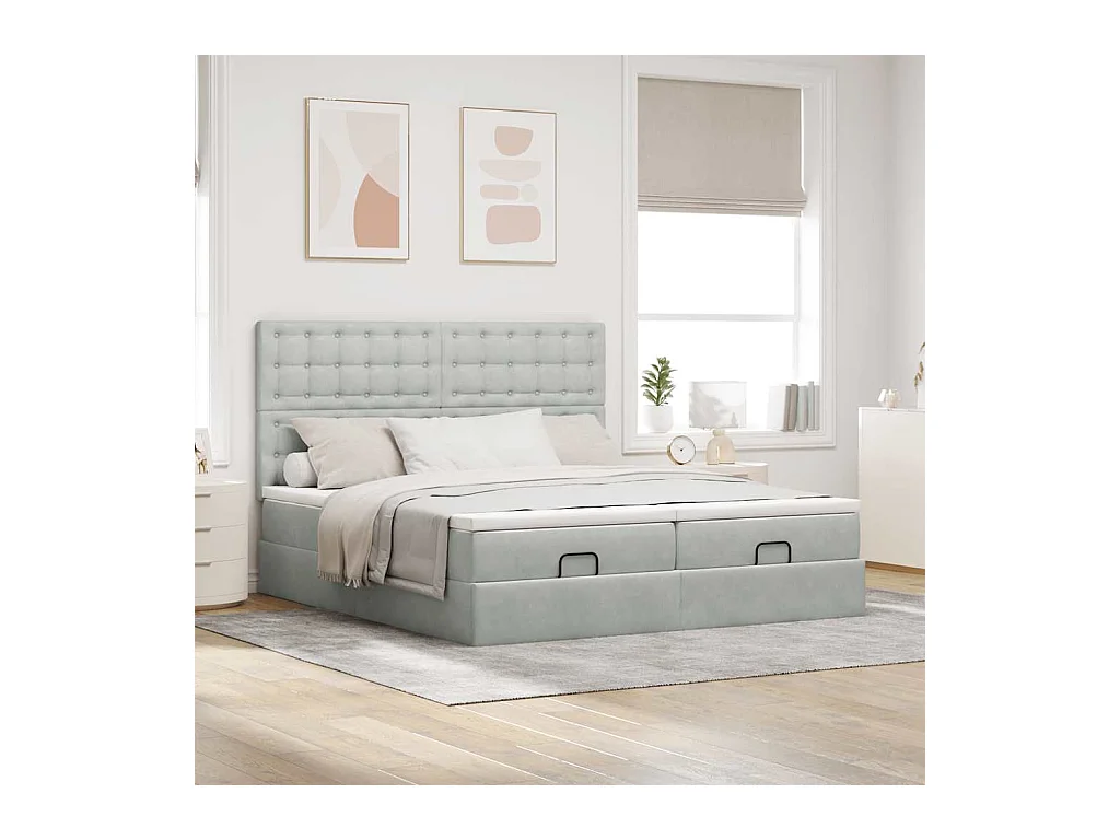 Cadre de lit ottoman et matelas gris clair 180x200cm velours