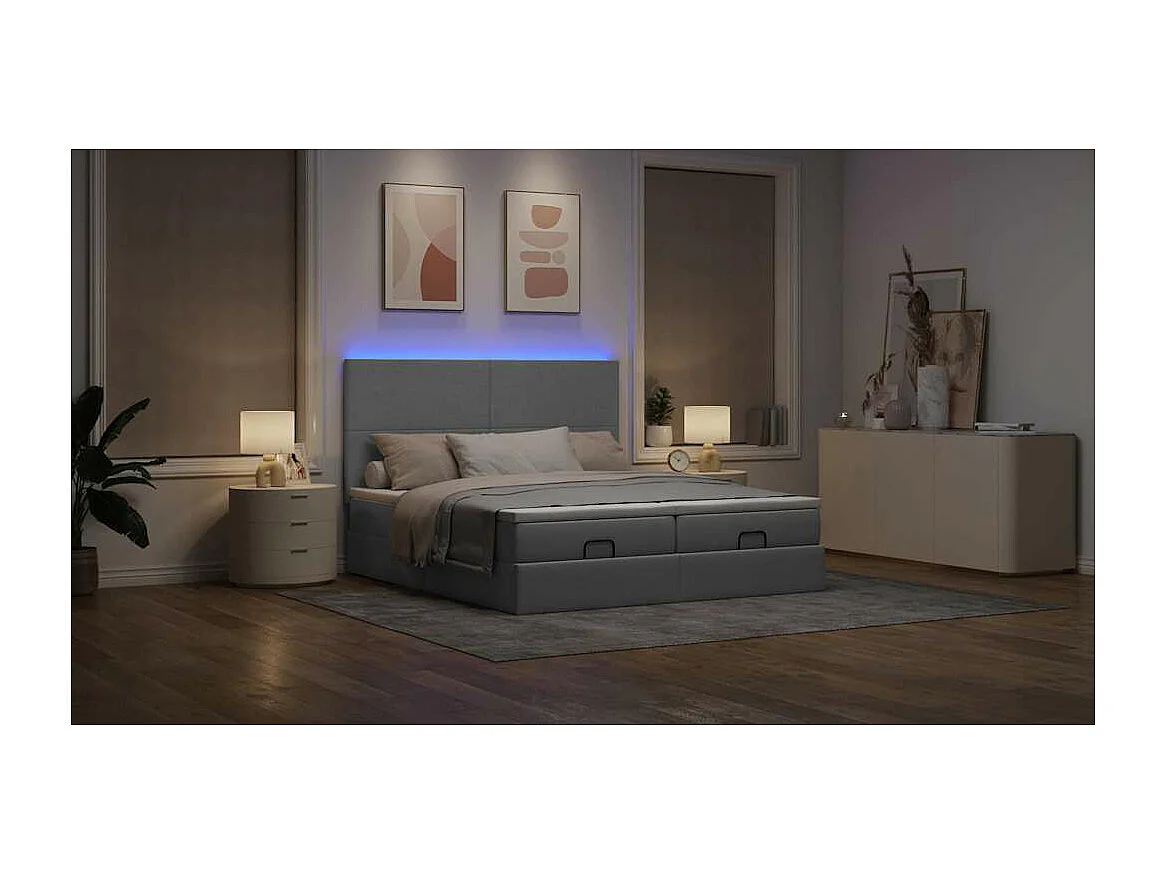 Cadre de lit ottoman et matelas gris clair 200x200cm tissu