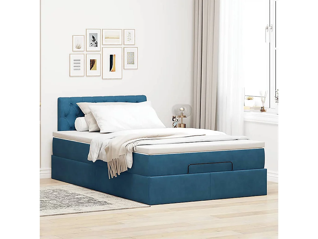 Cadre de lit ottoman avec matelas bleu foncé 120x190 cm velours