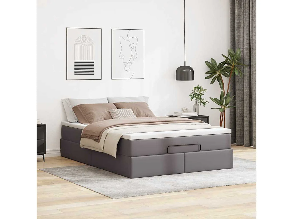 Cadre de lit ottoman avec matelas gris 140x190 cm similicuir