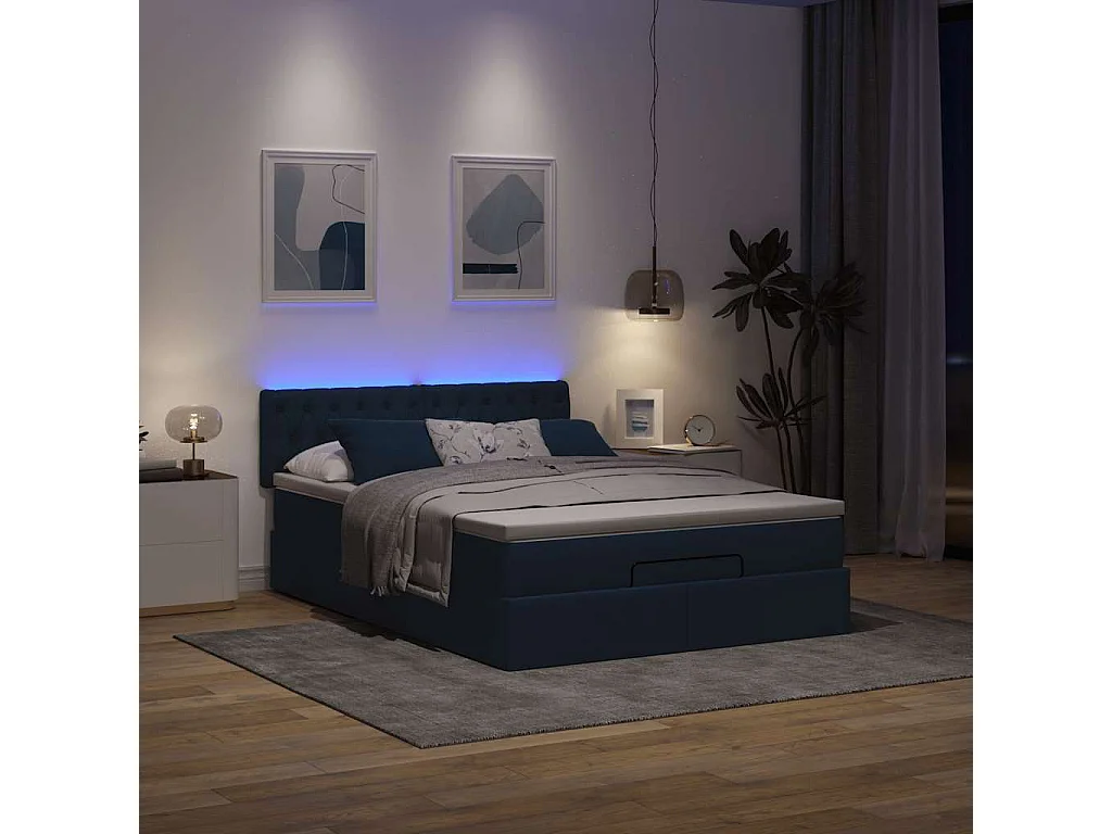 Cadre de lit ottoman avec matelas bleu 140x200 cm tissu