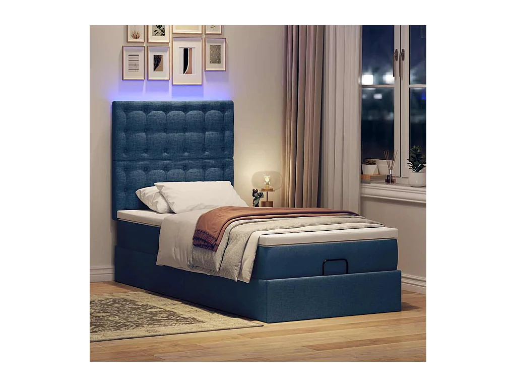 Estructura de cama otomana con colchón tela azul 90x190 cm
