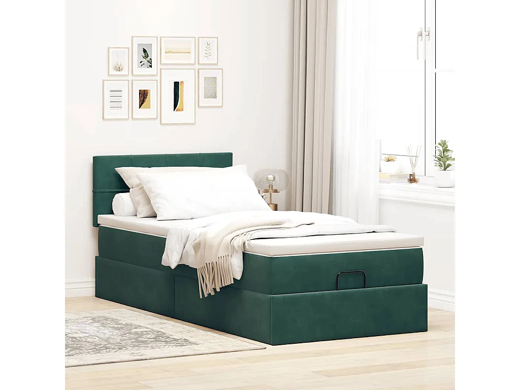 Cadre de lit ottoman avec matelas vert foncé 90x200 cm velours