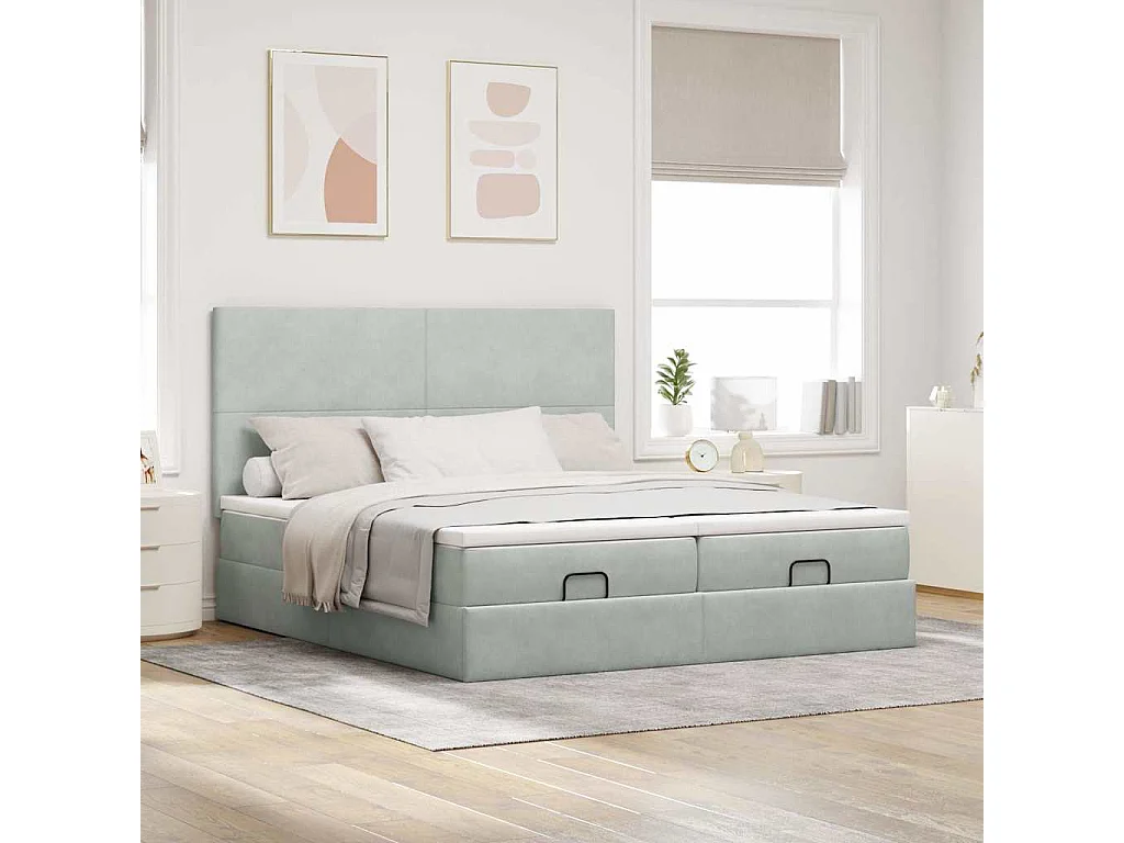 Estrutura cama otomana colchões 200x200cm veludo cinzento claro