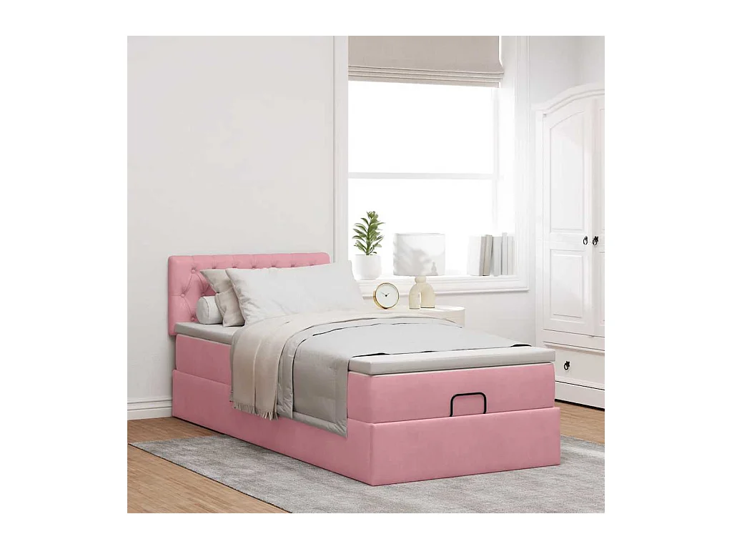Cadre de lit ottoman avec matelas rose 90x200 cm velours