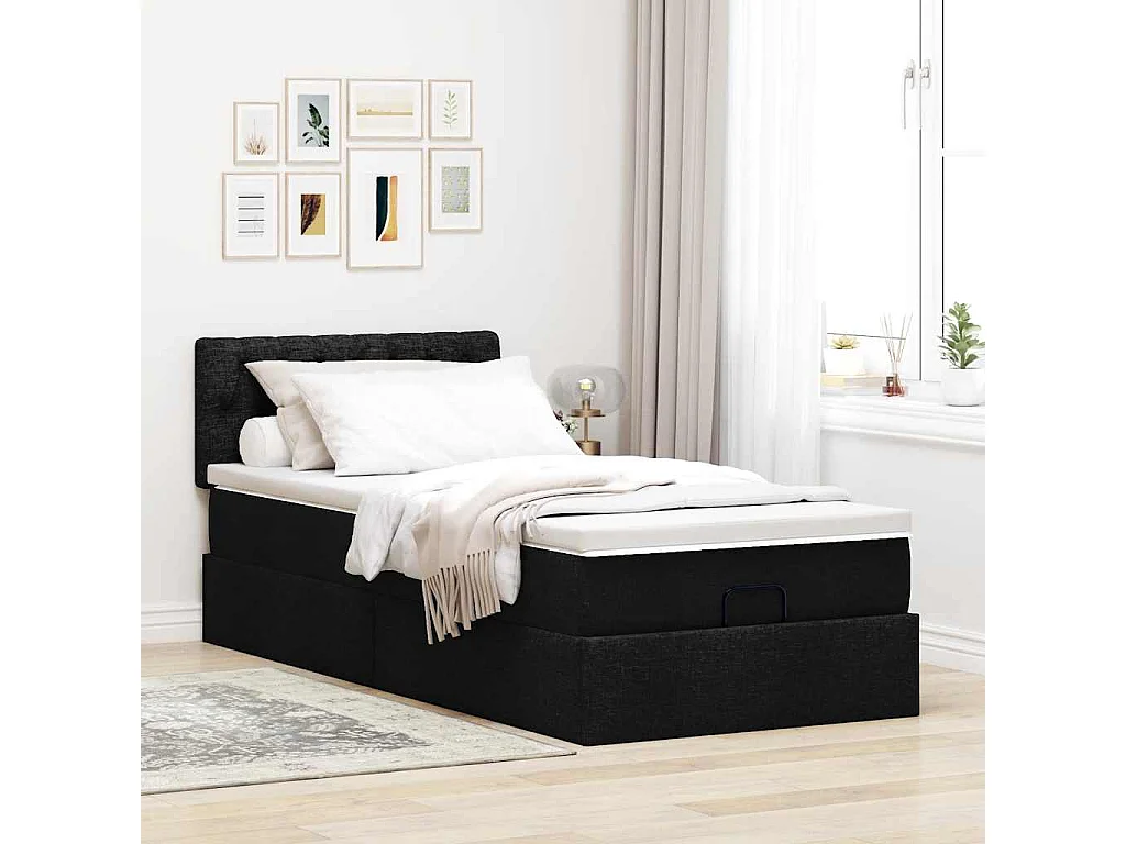 Cadre de lit ottoman avec matelas noir 90x200 cm tissu