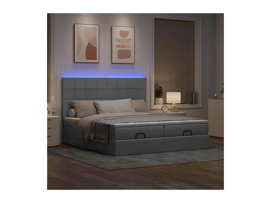 Ottoman bed met matrassen en LED's 200x200cm stof lichtgrijs