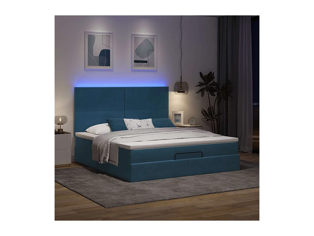 Cadre de lit ottoman avec matelas bleu foncé 180x200 cm velours