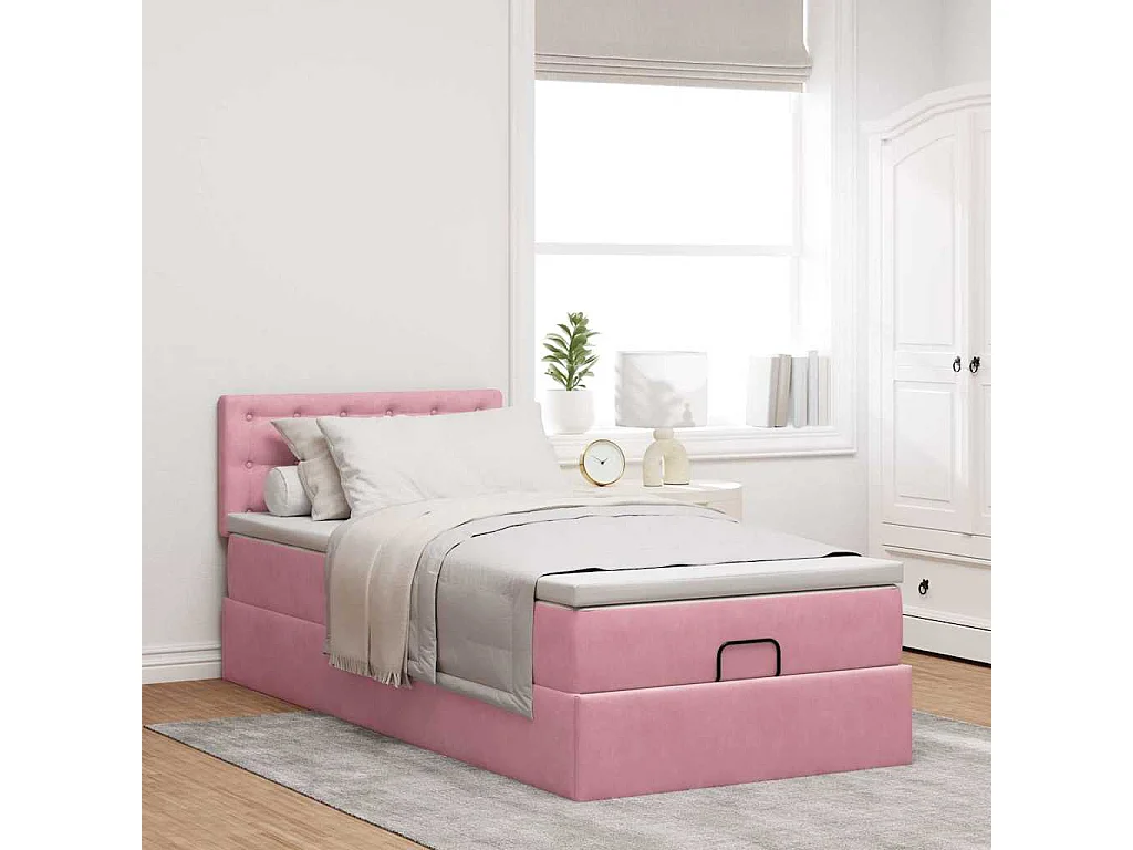 Estructura cama otomana colchón terciopelo rosa 80x200cm