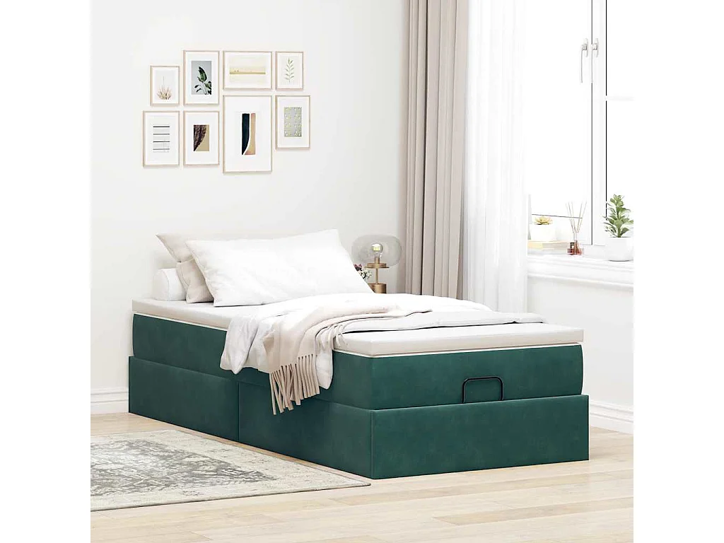 Estructura de cama otomana colchón terciopelo verde oscuro